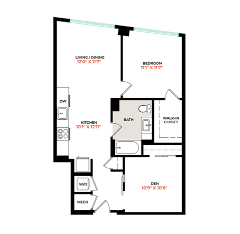 Floor plan for 1 bed, 1 bath, 817 sqft